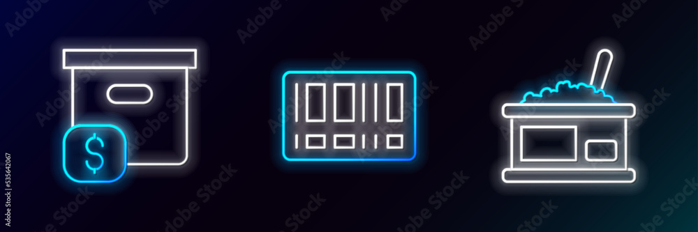 Set line Tin can with caviar, Carton cardboard box price and Barcode icon. Glowing neon. Vector Set line Tin can with caviar, Carton cardboard box price and Barcode icon. Glowing neon. Vector