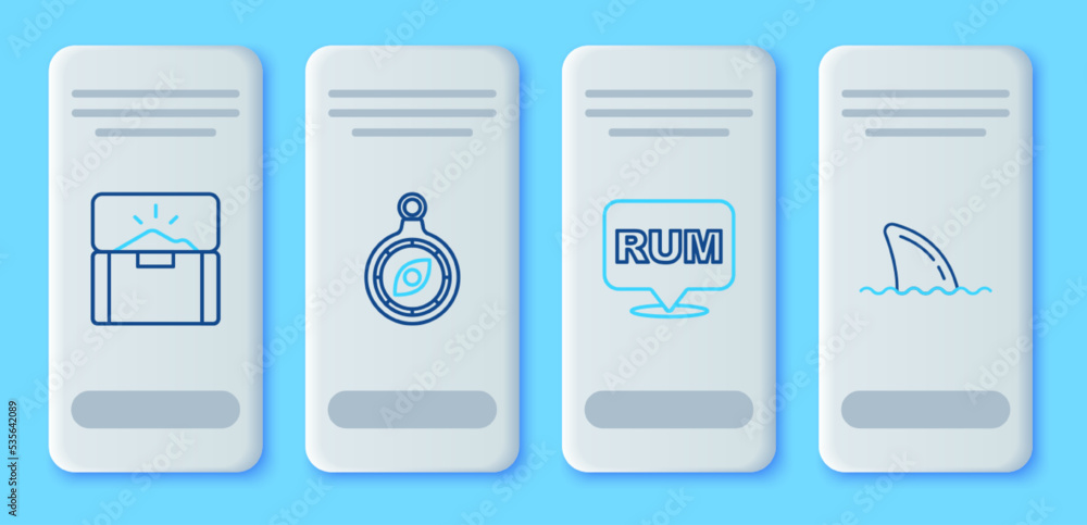 Set line Compass, Alcohol drink Rum, Antique treasure chest and Shark fin ocean wave icon. Vector Set line Compass, Alcohol drink Rum, Antique treasure chest and Shark fin ocean wave icon. Vector