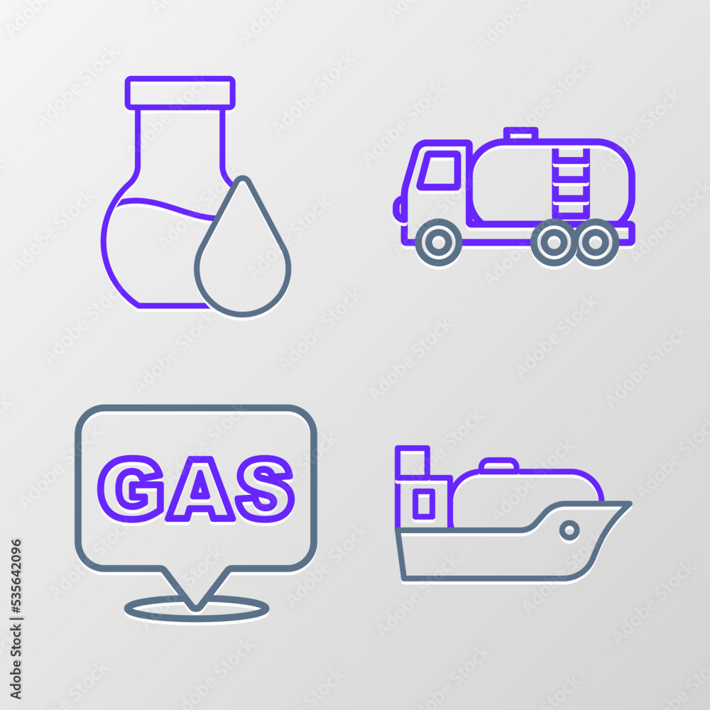 Set line Oil tanker ship, Location and gas station, Tanker truck and petrol test tube icon. Vector Set line Oil tanker ship, Location and gas station, Tanker truck and petrol test tube icon. Vector