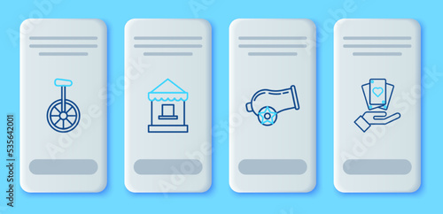 Set line Ticket box office, Cannon, Unicycle or one wheel bicycle and Hand holding playing cards icon. Vector
