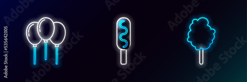 Set line Cotton candy, Balloons with ribbon and Corn dog icon. Glowing neon. Vector
