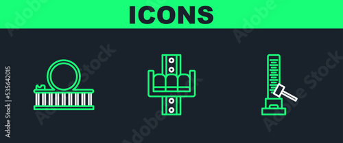 Set line High striker attraction with big hammer, Roller coaster and Attraction carousel icon. Vector