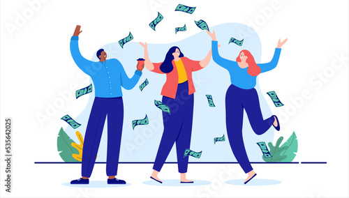 Happy people and money - Team of three businesspeople in casual clothing celebrating and cheering over financial success and profits. Flat design cartoon illustration with white background