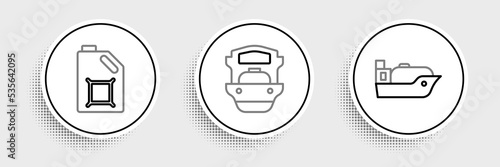 Set line Oil tanker ship, Canister for motor oil and icon. Vector