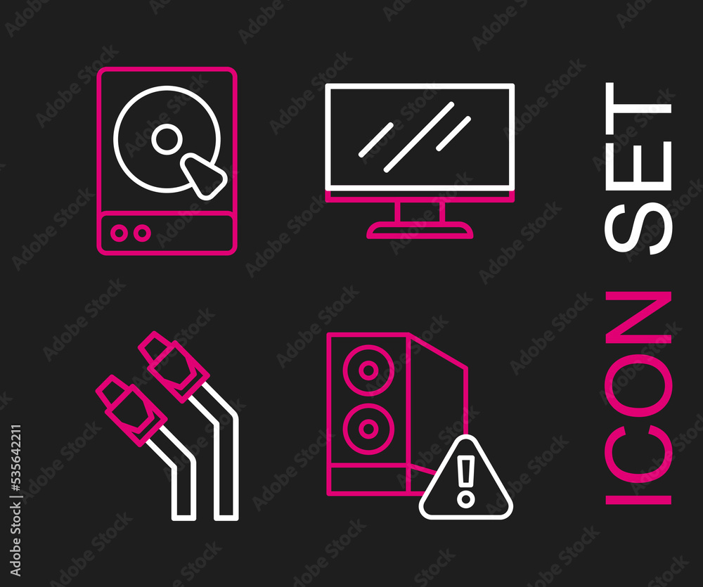 Set line Case of computer, LAN cable network internet, Computer monitor screen and Hard disk drive HDD icon. Vector Set line Case of computer, LAN cable network internet, Computer monitor screen and Hard disk drive HDD icon. Vector