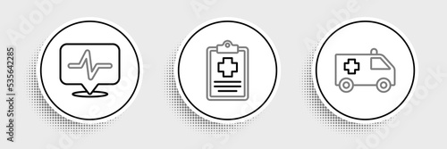 Set line Ambulance car, Heart rate and Patient record icon. Vector
