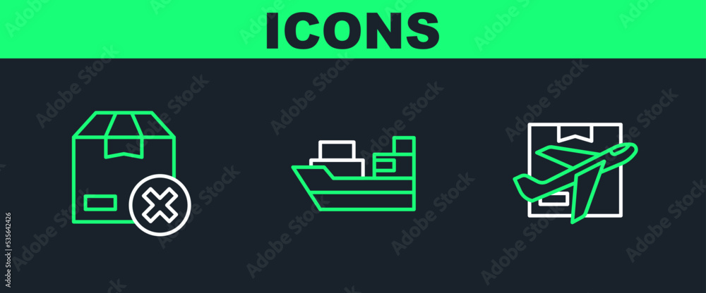 Set line Plane and cardboard box, Carton and Cargo ship with boxes delivery icon. Vector Set line Plane and cardboard box, Carton and Cargo ship with boxes delivery icon. Vector