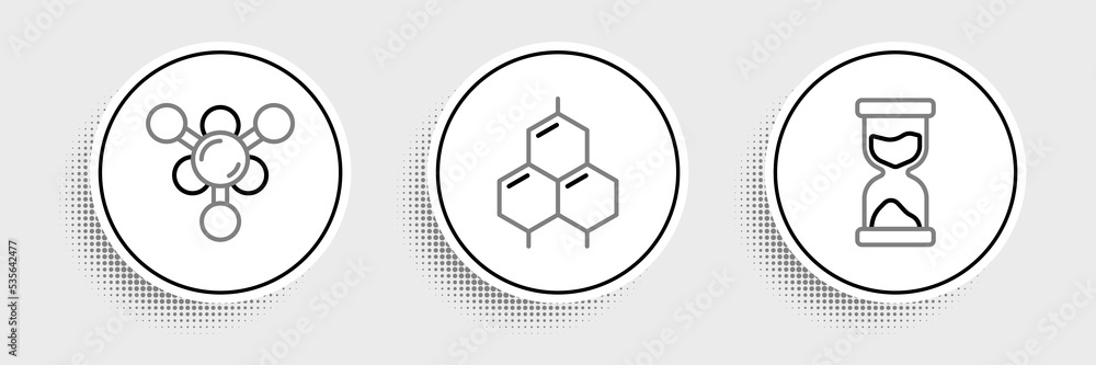 Set line Old hourglass, Molecule and Chemical formula icon. Vector Set line Old hourglass, Molecule and Chemical formula icon. Vector
