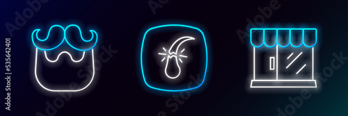 Set line Barbershop building, Mustache and beard and Broken hair follicle icon. Glowing neon. Vector
