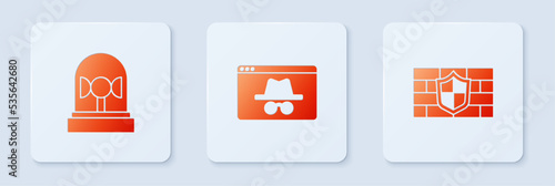 Set Browser incognito window, Flasher siren and Shield with brick wall. White square button. Vector