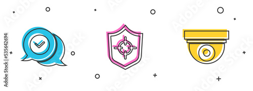 Set Check mark in speech bubble, Shield and Security camera icon. Vector
