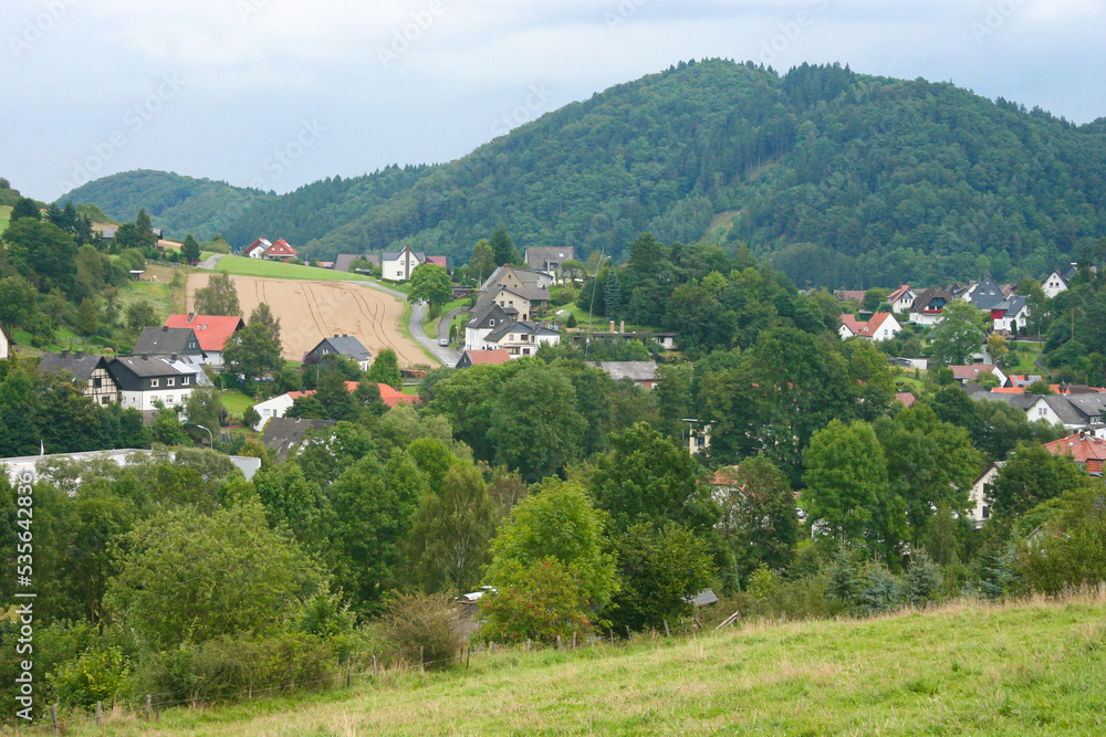 Scenic view of the village of Beringhausen, community of Marsberg in Sauerland, Germany
