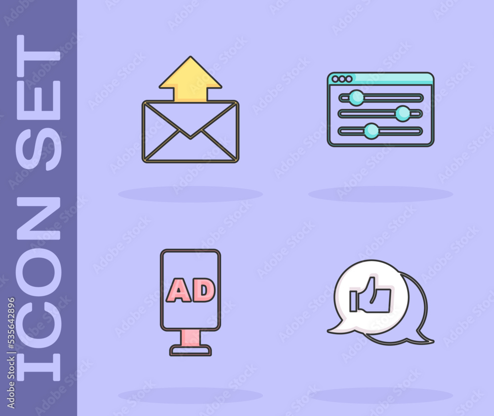 Set Customer product rating, Mail and e-mail, Advertising and Browser setting icon. Vector Set Customer product rating, Mail and e-mail, Advertising and Browser setting icon. Vector