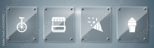 Set Ice cream, Festive confetti, Fast street food cart and Unicycle or one wheel bicycle. Square glass panels. Vector