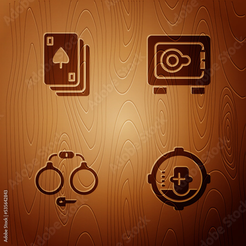 Set Headshot, Playing cards, Handcuffs and Safe on wooden background. Vector