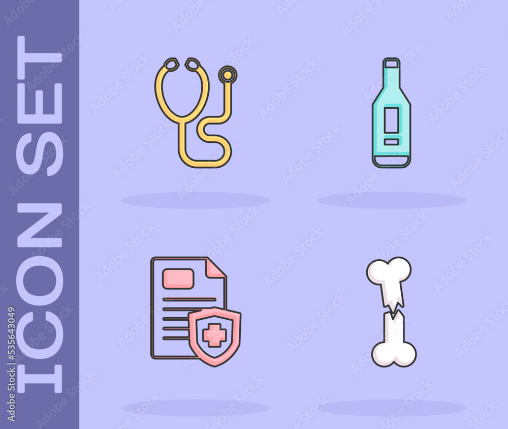 Set Human broken bone, Stethoscope, Patient record and Digital thermometer icon. Vector Set Human broken bone, Stethoscope, Patient record and Digital thermometer icon. Vector