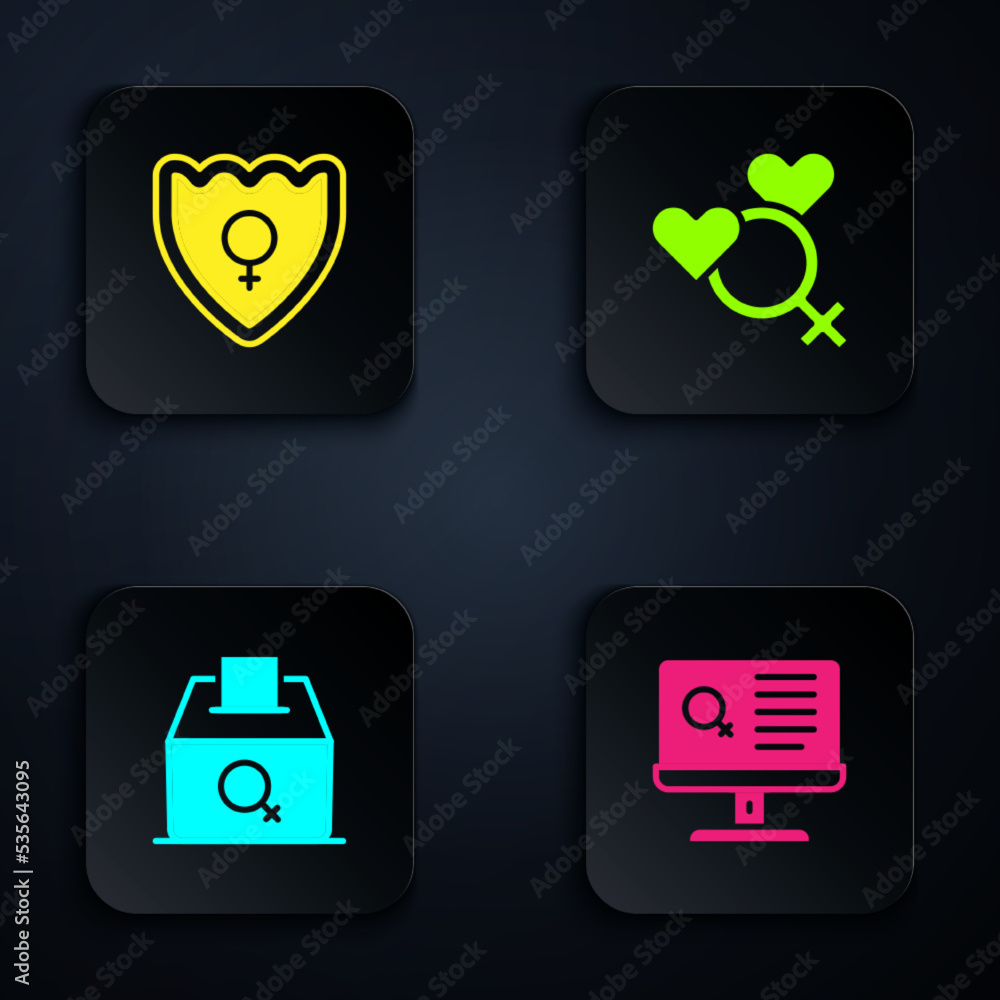 Set Dating app, Gender shield, Female, vote right and gender. Black square button. Vector Set Dating app, Gender shield, Female, vote right and gender. Black square button. Vector
