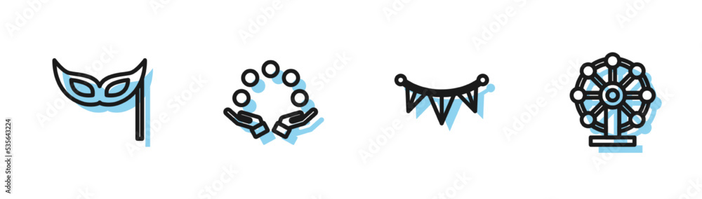 Obraz premium Set line Carnival garland with flags, Festive mask, Juggling ball and Ferris wheel icon. Vector