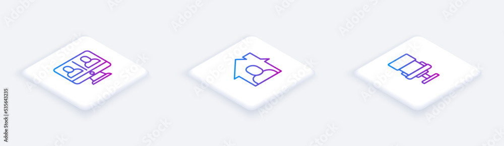 Set Isometric line Video chat conference, Online working and Office chair. White square button. Vector Set Isometric line Video chat conference, Online working and Office chair. White square button. Vector