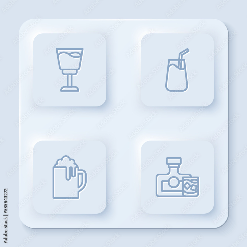 Set line Wine glass, Cocktail, Wooden beer mug and Whiskey bottle and. White square button. Vector