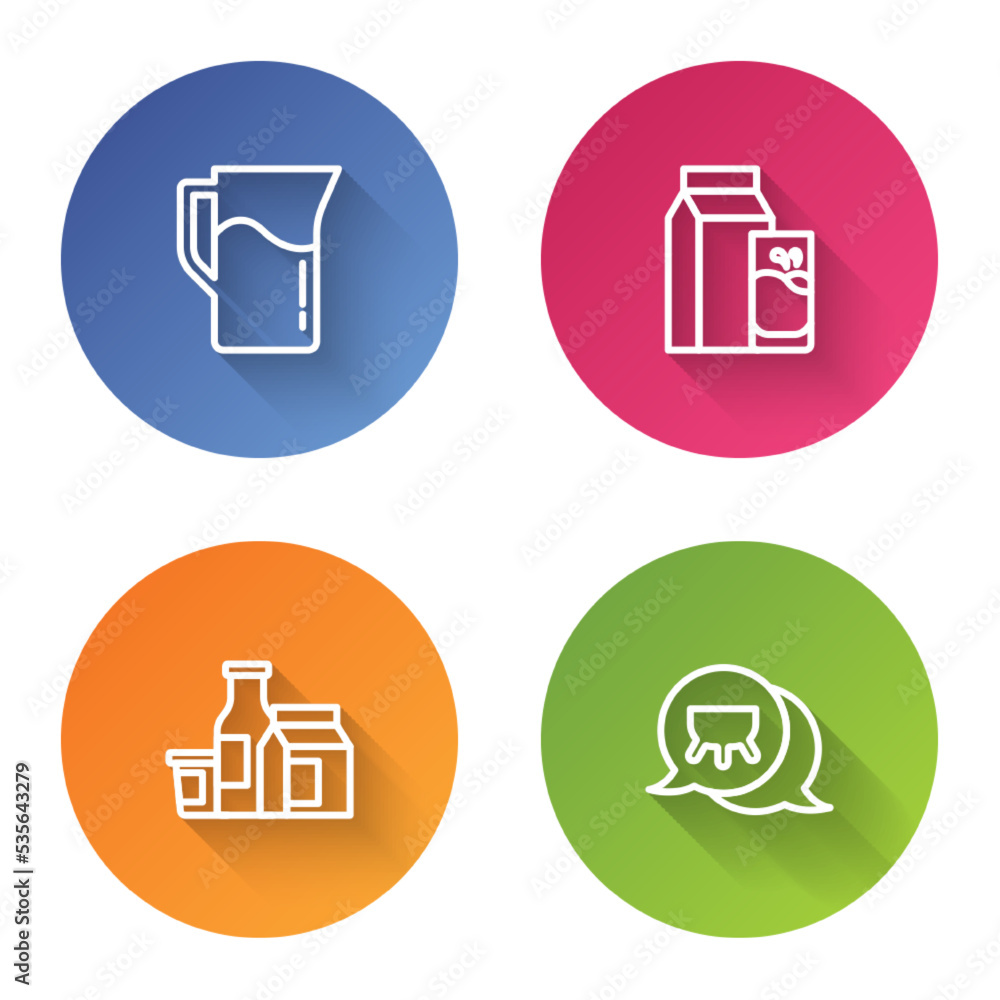 Set line Milk jug or pitcher, Paper package for kefir, product and Udder. Color circle button. Vector Set line Milk jug or pitcher, Paper package for kefir, product and Udder. Color circle button. Vector