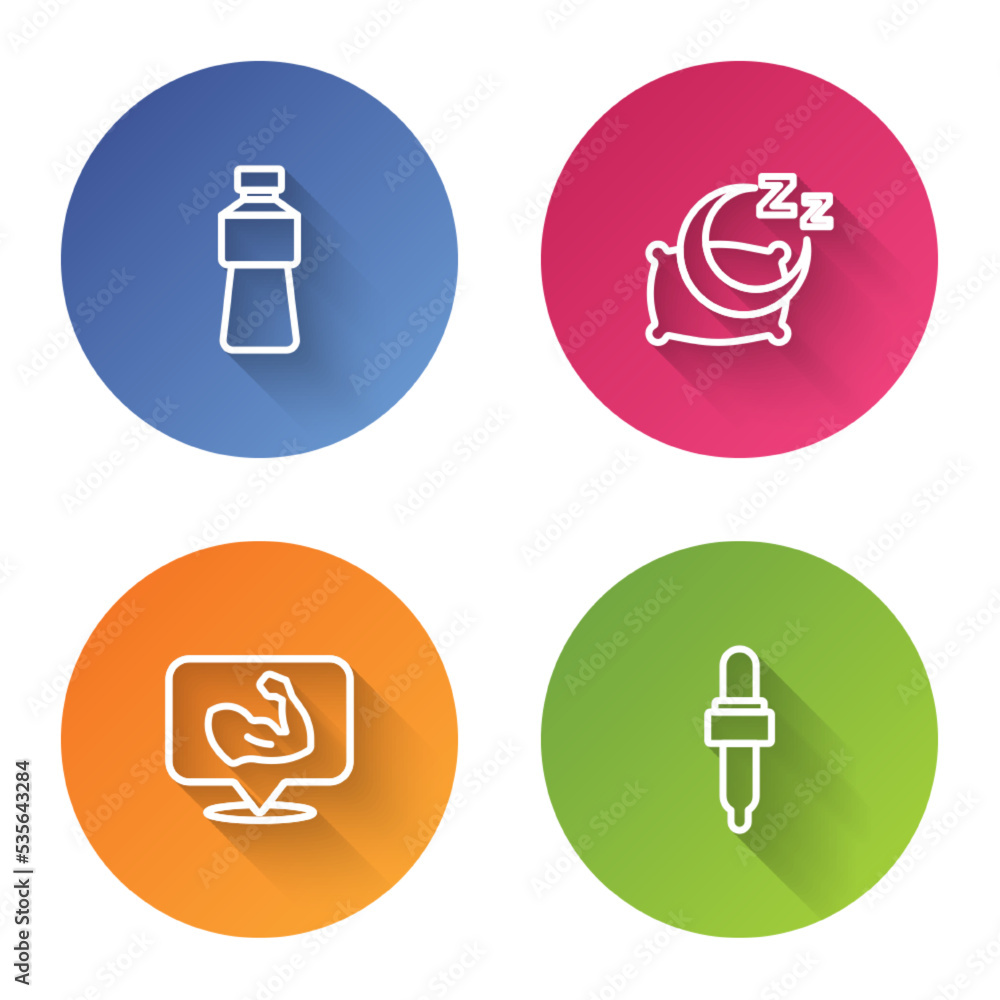 Set line Bottle of water, Time to sleep, Bodybuilder muscle and Pipette with oil. Color circle button. Vector Set line Bottle of water, Time to sleep, Bodybuilder muscle and Pipette with oil. Color circle button. Vector