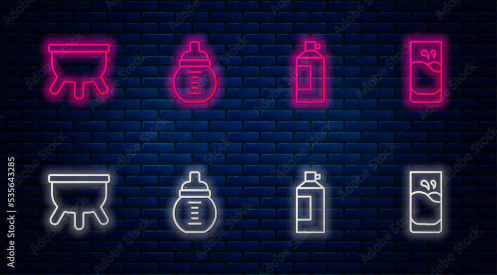 Set line Baby milk in a bottle, Whipped cream, Udder and Glass with. Glowing neon icon on brick wall. Vector Set line Baby milk in a bottle, Whipped cream, Udder and Glass with. Glowing neon icon on brick wall. Vector