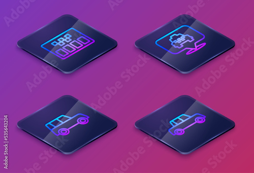 Set Isometric line Taximeter, Car, Location with taxi and . Blue square button. Vector