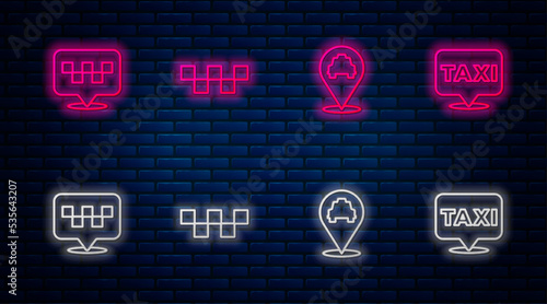 Set line Taxi car roof, Location with taxi, and . Glowing neon icon on brick wall. Vector