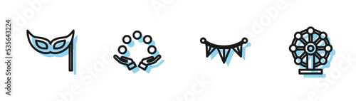 Set line Carnival garland with flags, Festive mask, Juggling ball and Ferris wheel icon. Vector