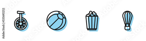 Set line Popcorn in box, Unicycle one wheel bicycle, Beach ball and Hot air balloon icon. Vector