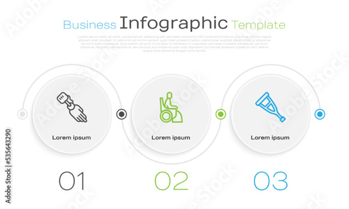 Set line Prosthesis hand, Woman in wheelchair and Crutch or crutches. Business infographic template. Vector