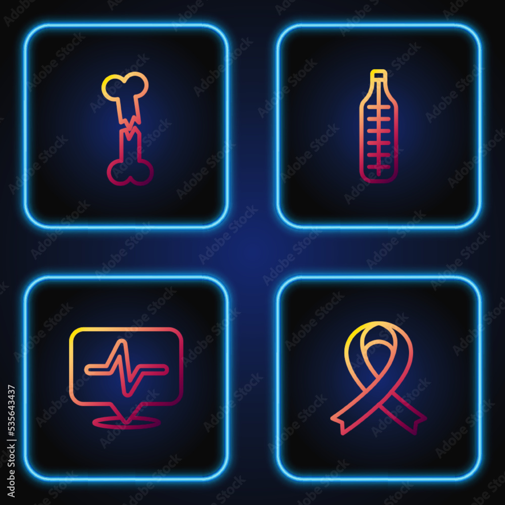Set line Awareness ribbon, Heart rate, Human broken bone and Medical thermometer. Gradient color icons. Vector Set line Awareness ribbon, Heart rate, Human broken bone and Medical thermometer. Gradient color icons. Vector