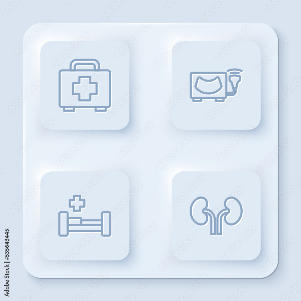 Set line First aid kit, Ultrasound, Hospital bed and Human kidneys. White square button. Vector