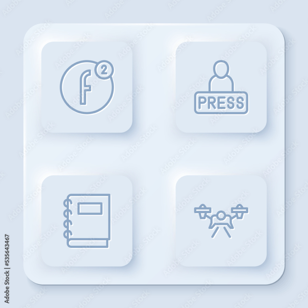 Set line Create account, Journalist news, Notebook and Drone. White square button. Vector