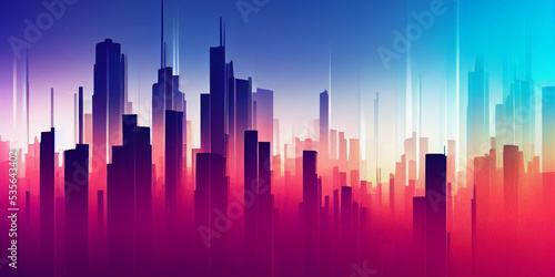 Cityscape. Glitch colorful metropolitan scenery. Abstract modern cityscape background. Skyscrapers