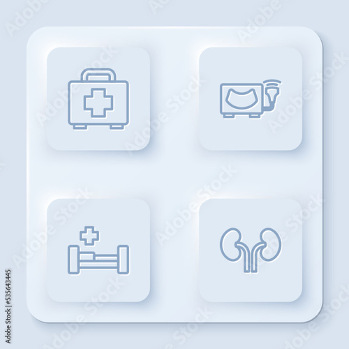 Set line First aid kit, Ultrasound, Hospital bed and Human kidneys. White square button. Vector