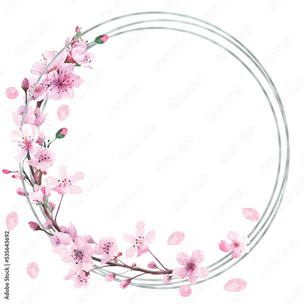 Watercolor Round Sakura Silver Wreath, Pink Floral Wedding Invitation Frame PNG