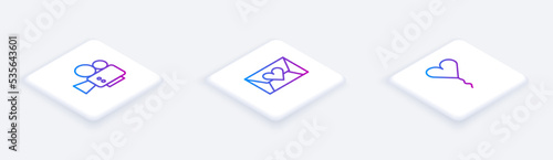Set Isometric line Cinema camera, Envelope with Valentine heart and Balloon form of. White square button. Vector