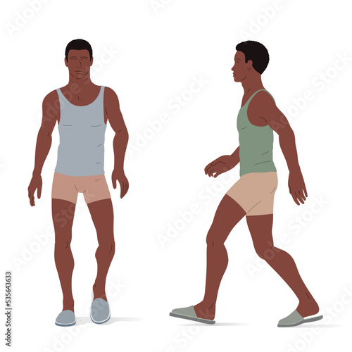 Adult person, underwear and slippers. Isometric vector illustration of an African ethnicity person standing and a person walking.
