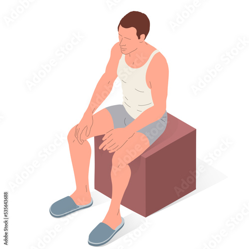 Adult person, underwear and slippers. Isometric vector illustration of a sitting Caucasian ethnicity person.