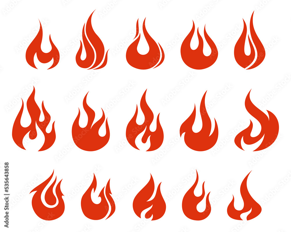 Red fire icons, flame shaped elements, vector illustrations set Red fire icons, flame shaped elements, vector illustrations set