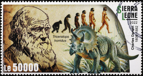 Leinwand Poster Celebration of Charles Darwin and the evolution on stamp