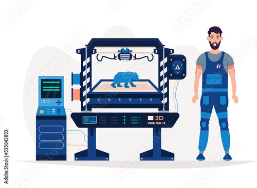 Industrial 3d printer and operator isolated. 3d printing of a model. 3 d printing, additive manufacturing. Three dimensional. Flat vector illustration.