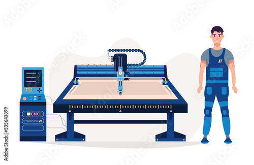 Computer numerical control, cnc machine isolated. Worker operator and cnc machine. Factory plant manufacturing equipment. Flat vector illustration.