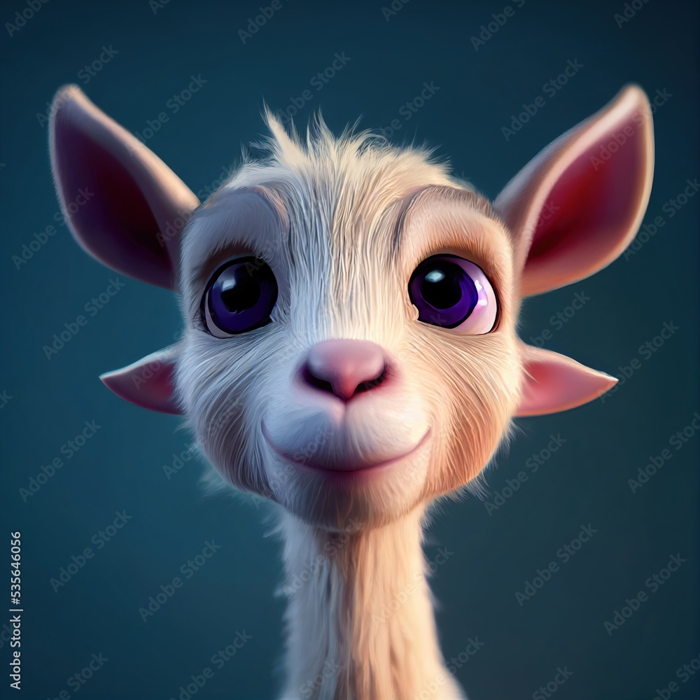 Tiny cute adorable white goat, intricate details. Cartoon big eyed close up  portrait. Soft cinematic lighting, animation style character, anime style,  3d illustration. Stock Illustration | Adobe Stock