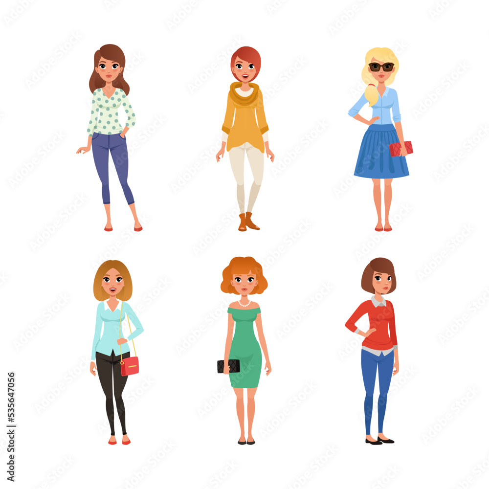 Young beautiful woman dressed in different trendy style clothes set vector illustration Young beautiful woman dressed in different trendy style clothes set vector illustration