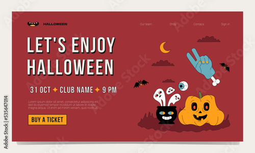 Funny trendy landing page template for a Halloween party. Outlined design with pumpkin, bats, ghosts and hands with bone.