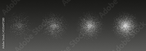 Realistic sugar or salt piles, baking flour top view. White powder isolated on a transparent background. Vector illustration.