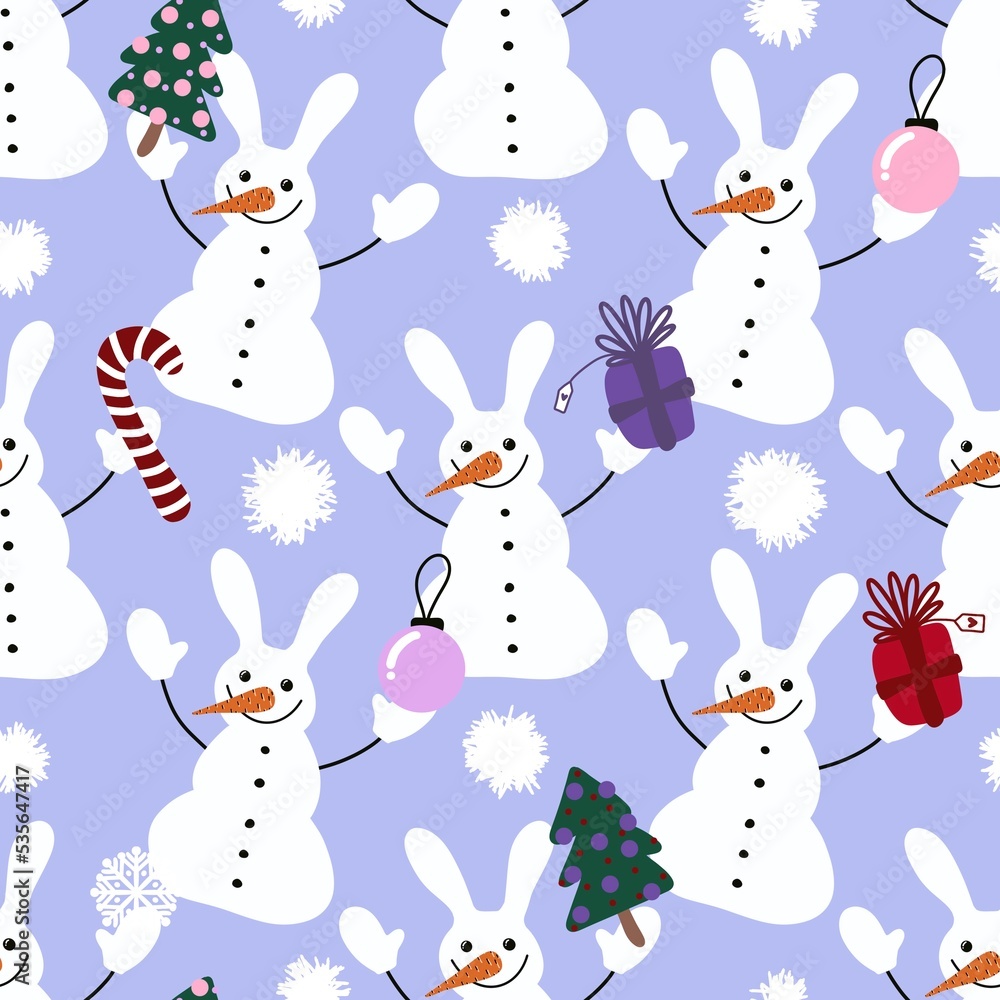 Obraz premium Winter ice snowman seamless Christmas pattern for Noel and wrapping paper and kids clothes print and snowflakes